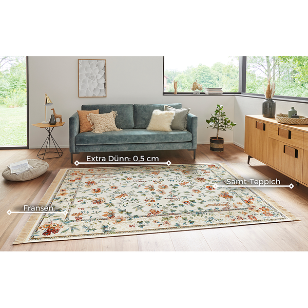 Kurzflorteppich Oriental Flowers - Viskose / Baumwolle - Creme - 95 x 140 cm