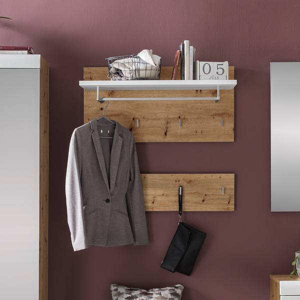 Wandgarderobe Liffre - Eiche Artisan Dekor / Hochglanz Weiß