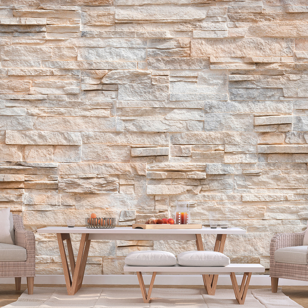 Vlies Fototapete Steinmauer - Premium Vlies - Beige - 300 x 210 cm