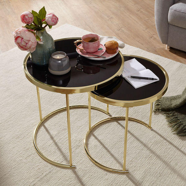 Beistelltisch Messery (2er-Set) - Glas / Metall - Schwarz / Gold