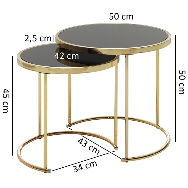 Beistelltisch Messery (2er-Set) - Glas / Metall - Schwarz / Gold