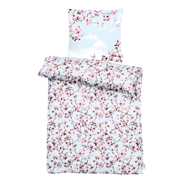 Bettwäsche Blossom - Glanz-Satin - Hellblau - 155 x 220 cm + Kissen 80 x 80 cm