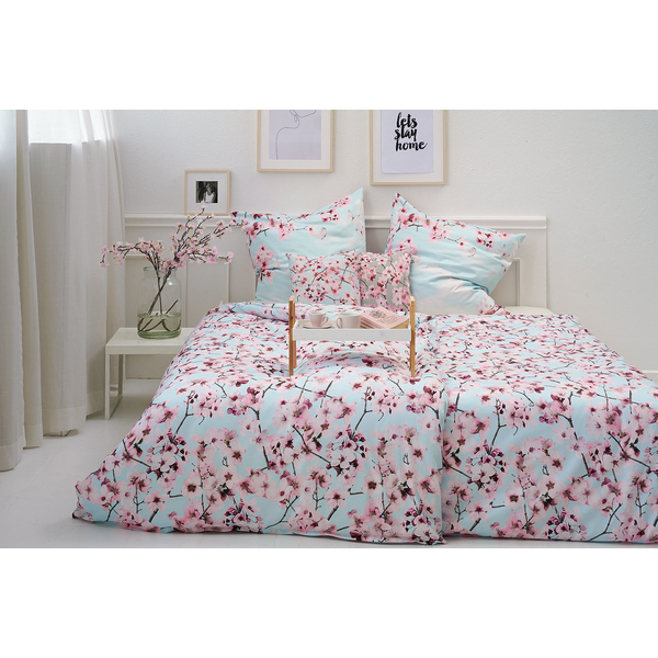 Bettwäsche Blossom - Glanz-Satin - Hellblau - 155 x 220 cm + Kissen 80 x 80 cm