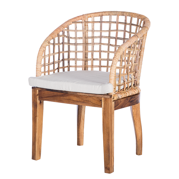 Armlehnenstuhl Le Puy - Webstoff / Rattan & Suar massiv - Weiß / Rattan Creme & Suar