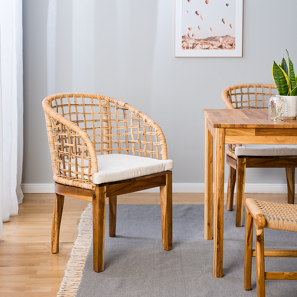 Armlehnenstuhl Le Puy - Webstoff / Rattan & Suar massiv - Weiß / Rattan Creme & Suar