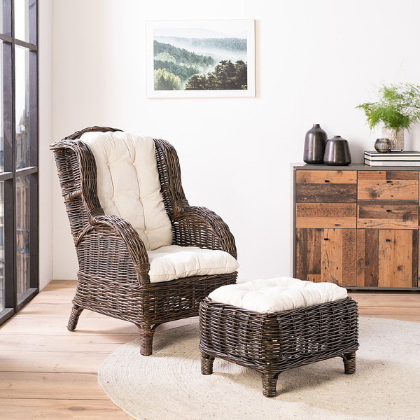 Fußhocker Bedous - Webstoff / Rattan