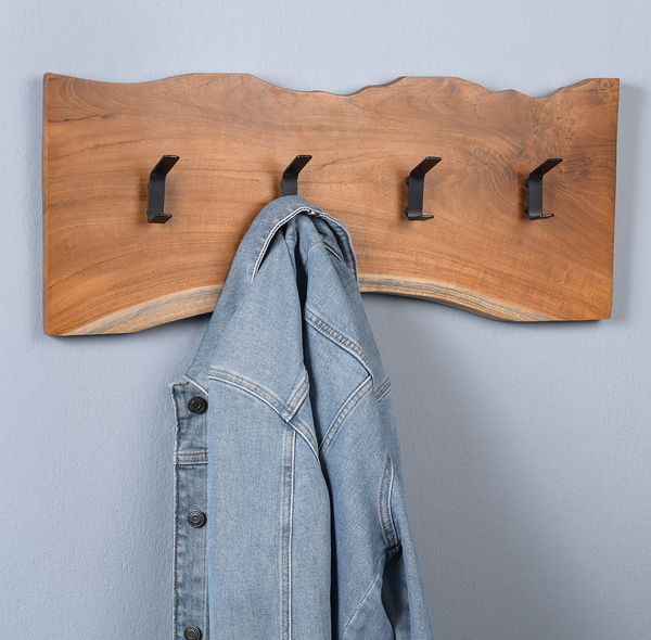 Garderobenleiste Bezannes - Teak massiv / Metall - Teak / Schwarz