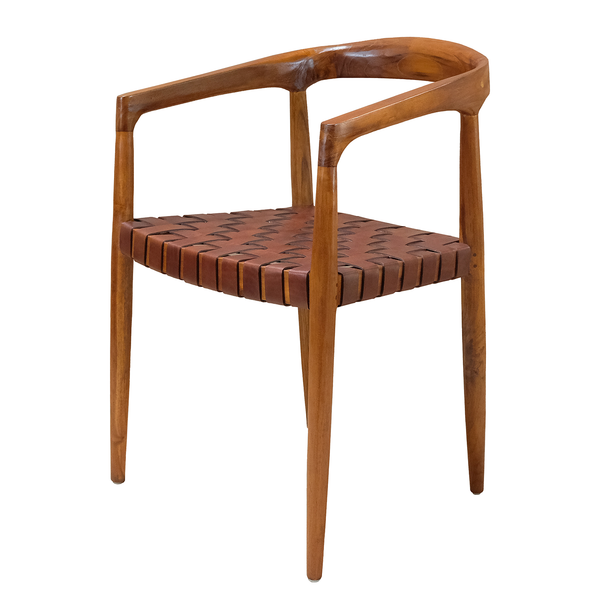 Armlehnenstuhl BOURBOURG - Echtleder / Teak massiv - Cognac