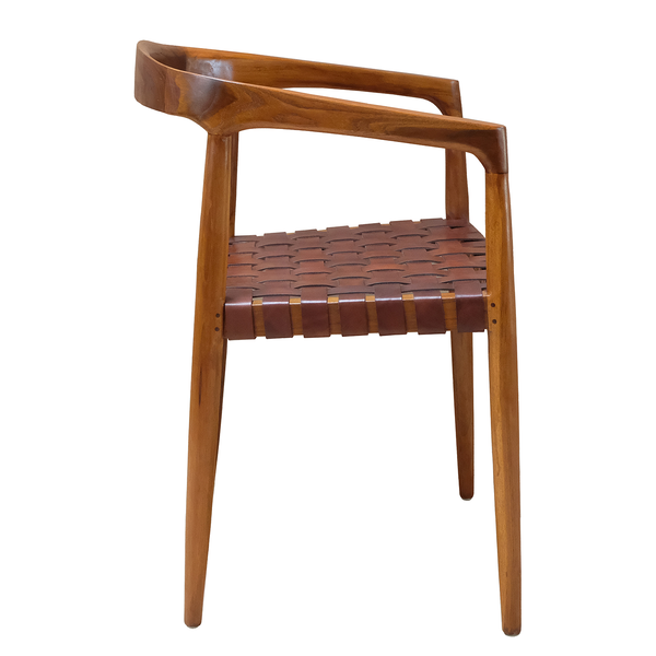 Armlehnenstuhl BOURBOURG - Echtleder / Teak massiv - Cognac