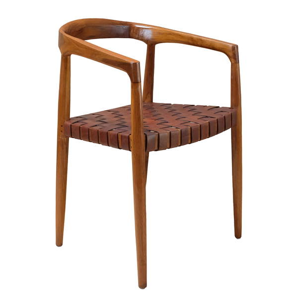 Armlehnenstuhl BOURBOURG - Echtleder / Teak massiv - Cognac