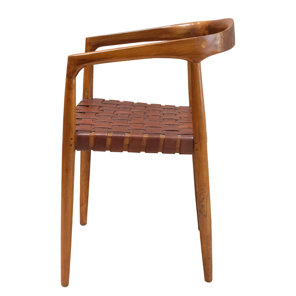 Armlehnenstuhl BOURBOURG - Echtleder / Teak massiv - Cognac