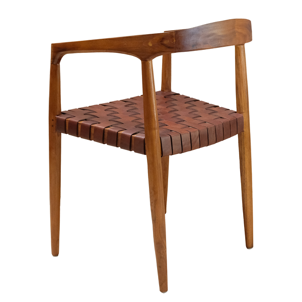 Armlehnenstuhl BOURBOURG - Echtleder / Teak massiv - Cognac