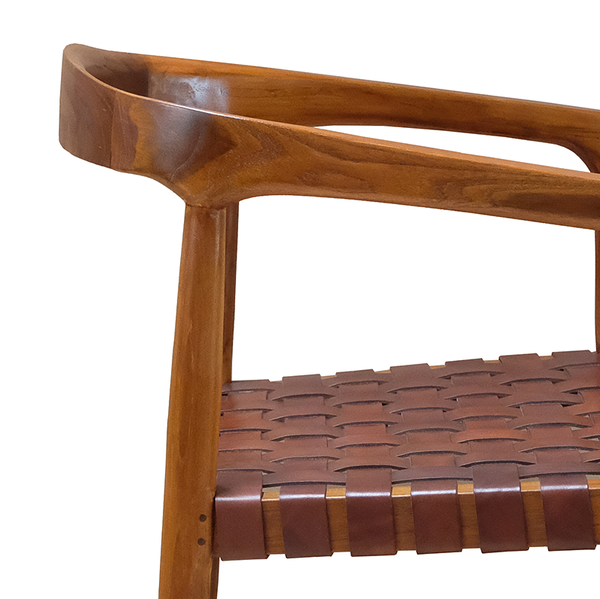 Armlehnenstuhl BOURBOURG - Echtleder / Teak massiv - Cognac