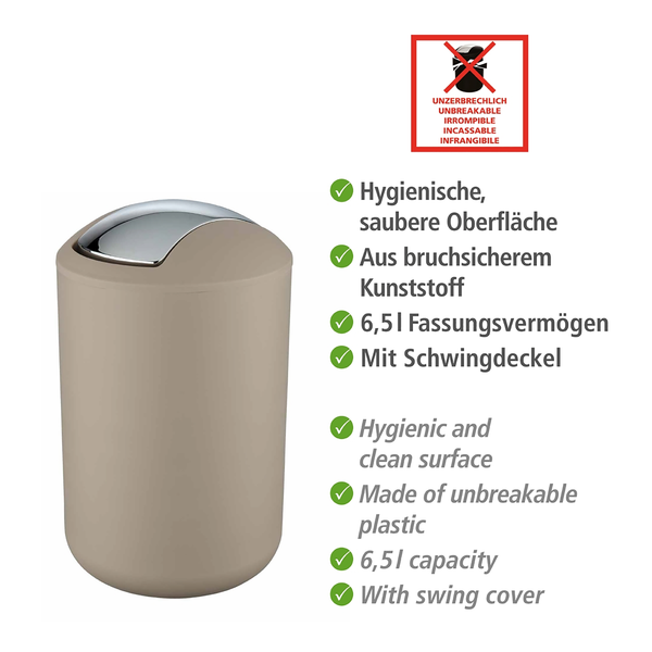 Schwingdeckeleimer Brasil - Thermoplastischer Kunststoff (TPE) - Fassungsvermögen: 6,5 L - Taupe