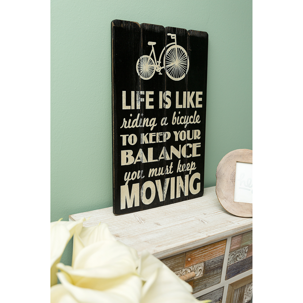 Schild Life is like riding a bicycle - Eukalyptus - Schwarz / Weiß