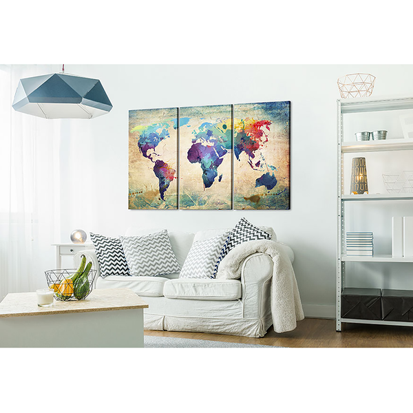 Wandbild Bunte Weltkarte Triptychon - Leinwand - Mehrfarbig - 90 x 60 cm