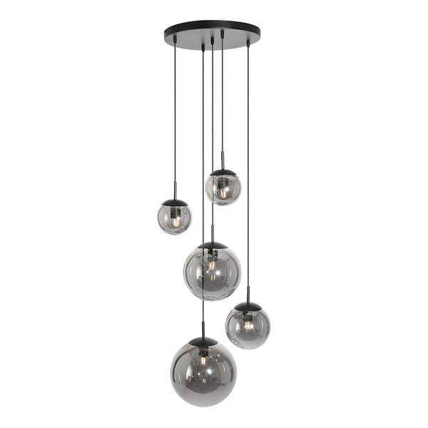 Pendelleuchte Bollique 5-flammig - Rauchglas / Aluminium - Schwarz