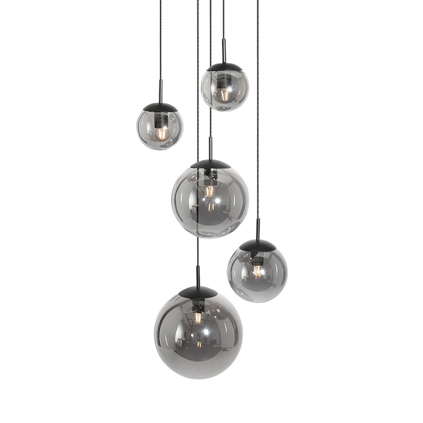 Pendelleuchte Bollique 5-flammig - Rauchglas / Aluminium - Schwarz