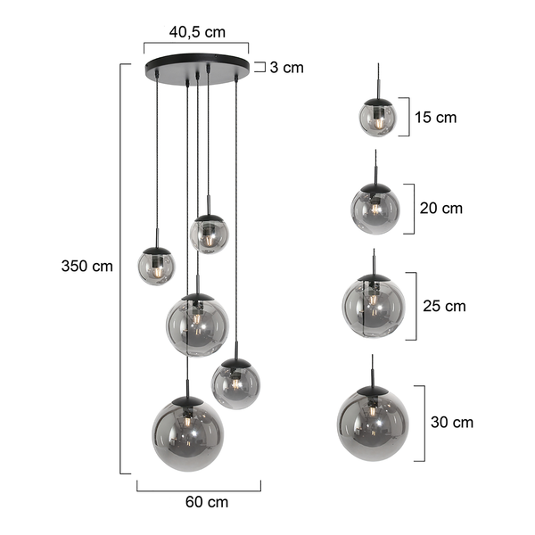 Pendelleuchte Bollique 5-flammig - Rauchglas / Aluminium - Schwarz