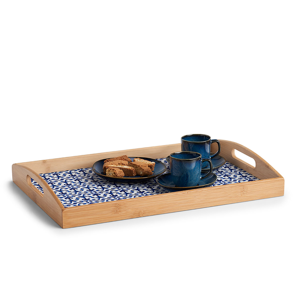 Serviertablett Marokko - Bambus/ MDF / Paper - Natur / Weiß / Blau - 44 x 30 x 5,5 cm