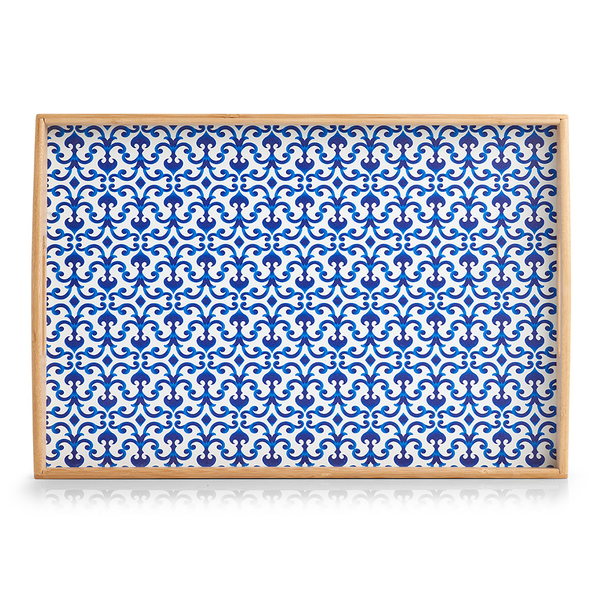 Serviertablett Marokko - Bambus/ MDF / Paper - Natur / Weiß / Blau - 44 x 30 x 5,5 cm