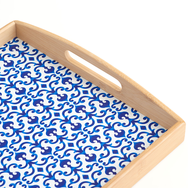Serviertablett Marokko - Bambus/ MDF / Paper - Natur / Weiß / Blau - 44 x 30 x 5,5 cm