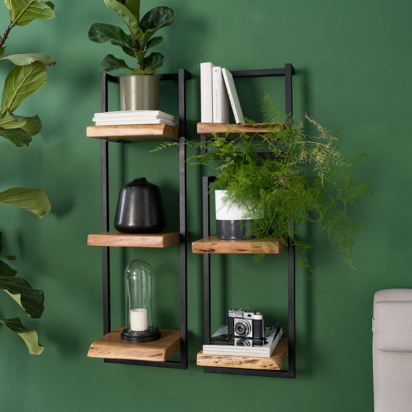 Wandregal Kaawo II - Akazie massiv / Metall - Akazie / Schwarz - Höhe: 65 cm