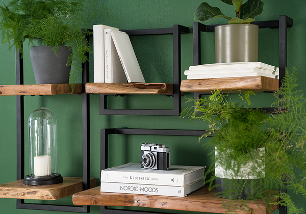 Wandregal Kaawo II - Akazie massiv / Metall - Akazie / Schwarz - Höhe: 65 cm