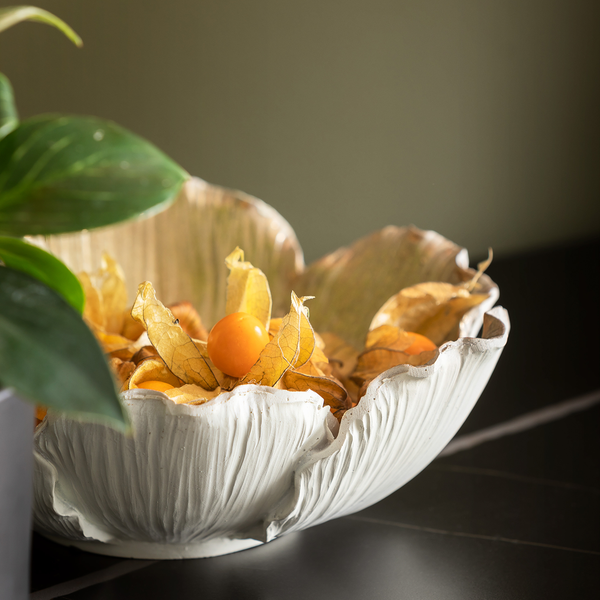 Deko Schale Flower Bloom - Creme / Gold - Stein - Ø 20 cm - Weiß / Gold