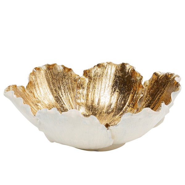 Deko Schale Flower Bloom - Creme / Gold - Stein - Ø 20 cm - Weiß / Gold