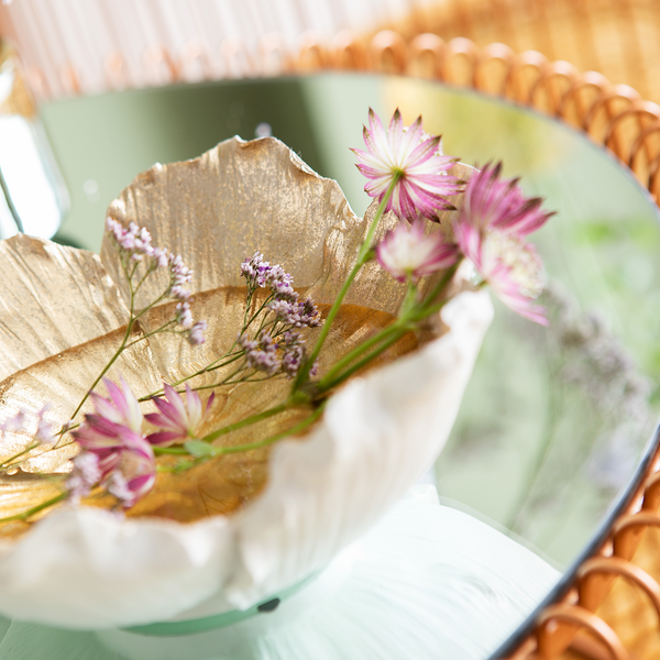 Deko Schale Flower Bloom - Creme / Gold - Stein - Ø 20 cm - Weiß / Gold