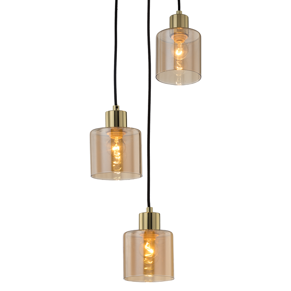 Pendelleuchte KOLIND 3-flammig - Metall Gold glänzend / Glas Bernsteinfarben