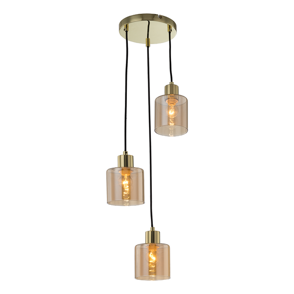 Pendelleuchte KOLIND 3-flammig - Metall Gold glänzend / Glas Bernsteinfarben