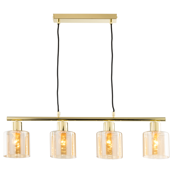 Pendelleuchte KOLIND 4-flammig - Metall Gold glänzend / Glas Bernsteinfarben