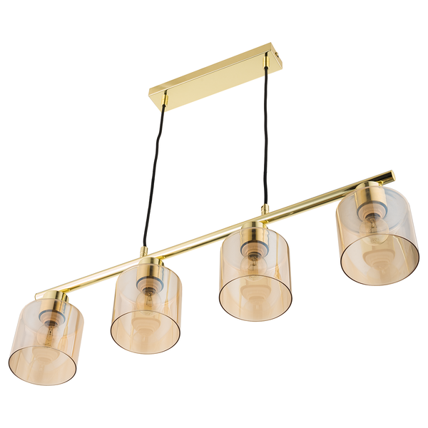 Pendelleuchte KOLIND 4-flammig - Metall Gold glänzend / Glas Bernsteinfarben