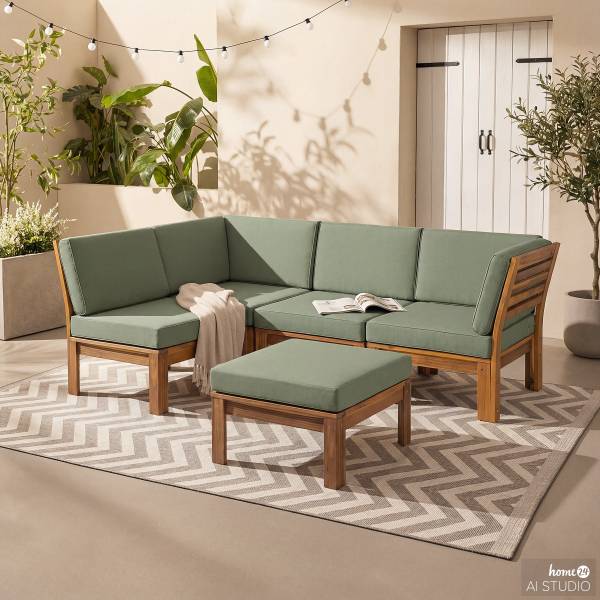 Loungehocker LEXI - Webstoff / Akazie massiv - Helles Olivgrün