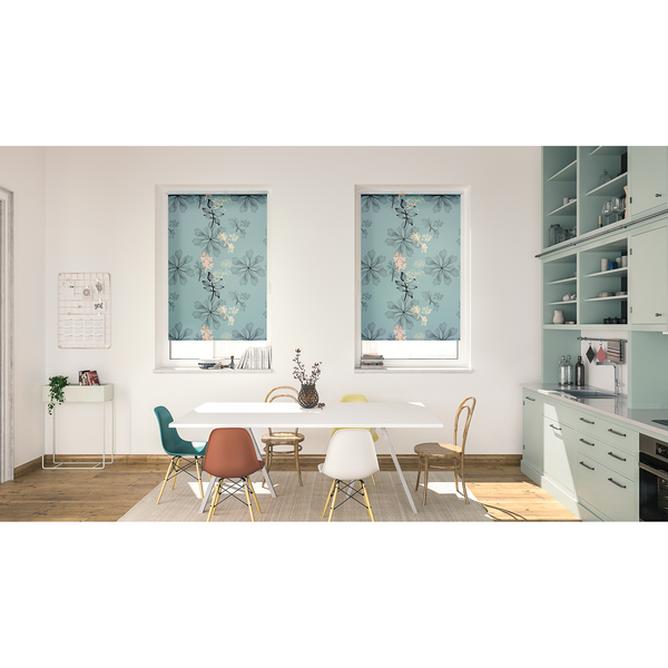 Klemmfix Verdunklungsrollo Aqua Floral - Polyester - Blau - 45 x 150 cm