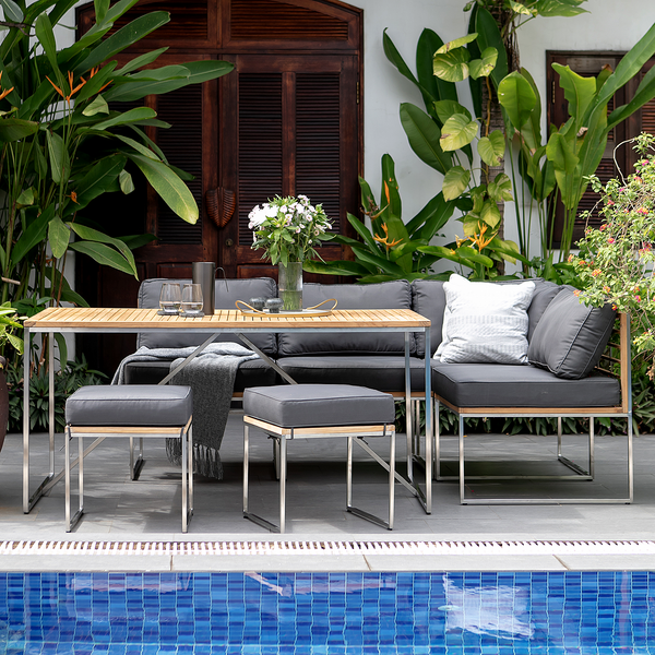 Gartenhocker Cipressa Teak & Edelstahl - Webstoff / Teak massiv - Grau / Braun