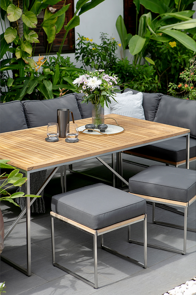 Gartenhocker Cipressa Teak & Edelstahl - Webstoff / Teak massiv - Grau / Braun
