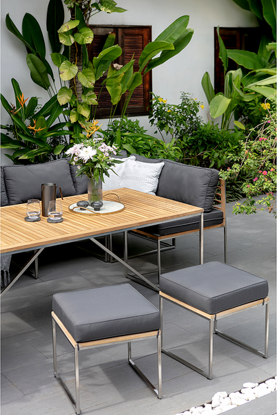 Gartenhocker Cipressa Teak & Edelstahl - Webstoff / Teak massiv - Grau / Braun