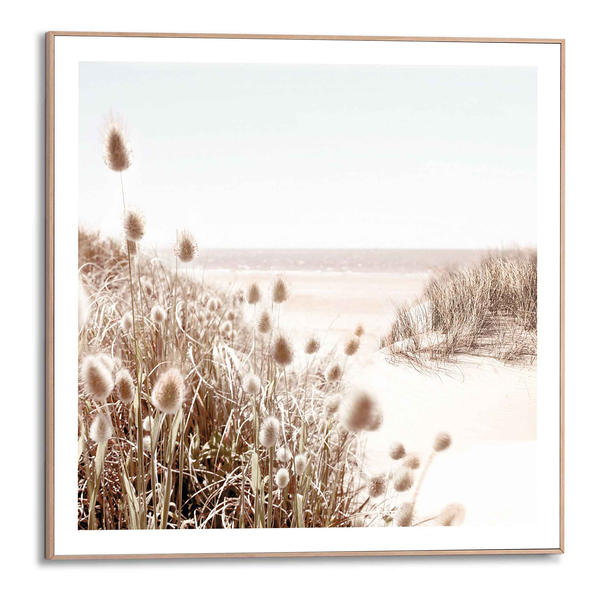 Gerahmtes Bild Strand Gras Meer - Print in Holzrahmen - Beige