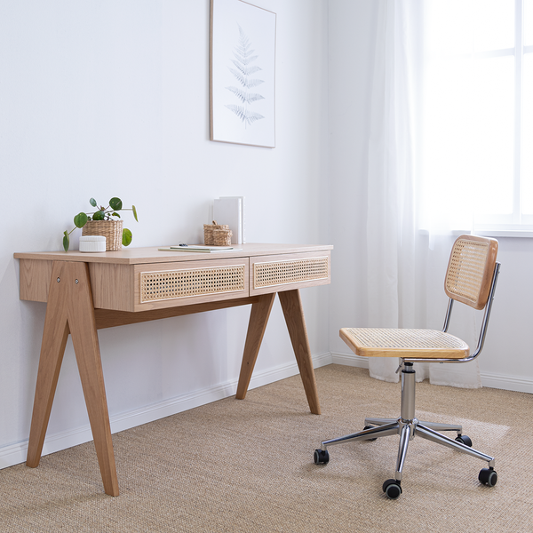 Bürostuhl Ramon - Rattan / Buche massiv / Stahl - Beige / Buche / Chrom