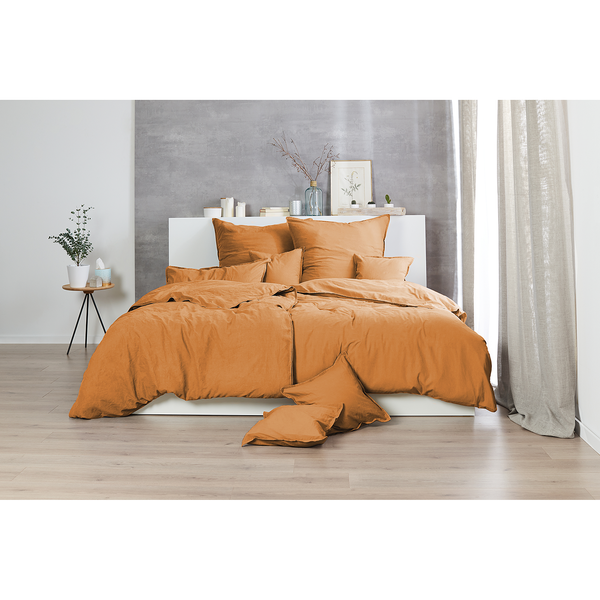 Renforce-Bettwäsche Stonewashed Pure - Baumwolle - Currygelb - 135 x 200 cm + Kissen 80 x 80 cm - 2-teilig