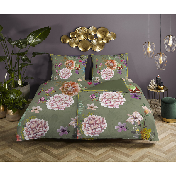 Bettwäsche Parma - Organic Baumwolle - Satin - Multi - Olivgrün - 155 x 200 cm + Kissen 80 x 80 cm