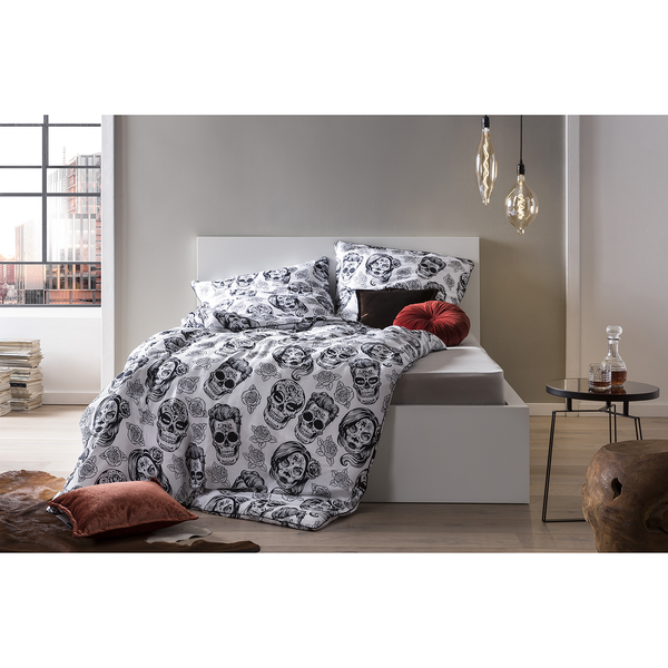Bettwäsche Skulls - Baumwollstoff - Schwarz / Weiß - 135 x 200 cm + Kissen 80 x 80 cm
