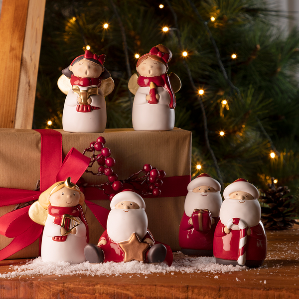 Engel und Nikolause Natale (6-teilig) - Keramik - Weiß / Rot - Höhe: 10 cm