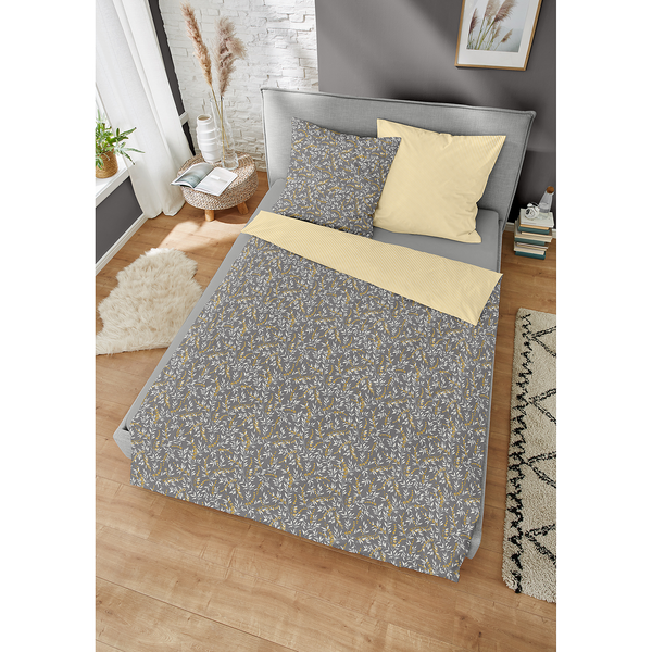 Edelbiber Bettwäsche Talisman III - Feinbiber - Grau / Gelb - 155 x 220 cm + Kissen 80 x 80 cm