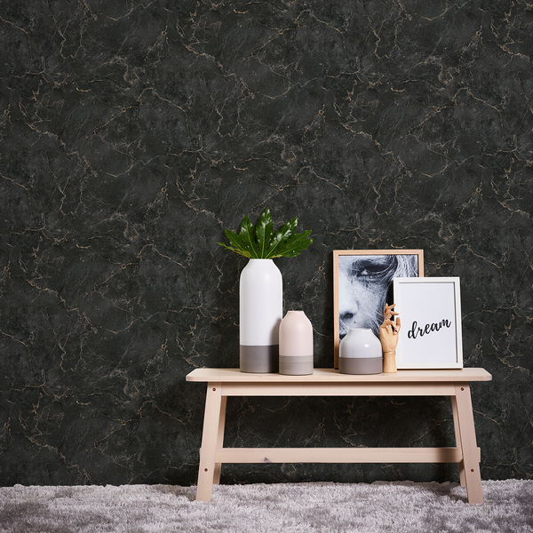 Vliestapete Monumental - Schwarz - 0,53m x 10,05m - Marmor Braun Dekor