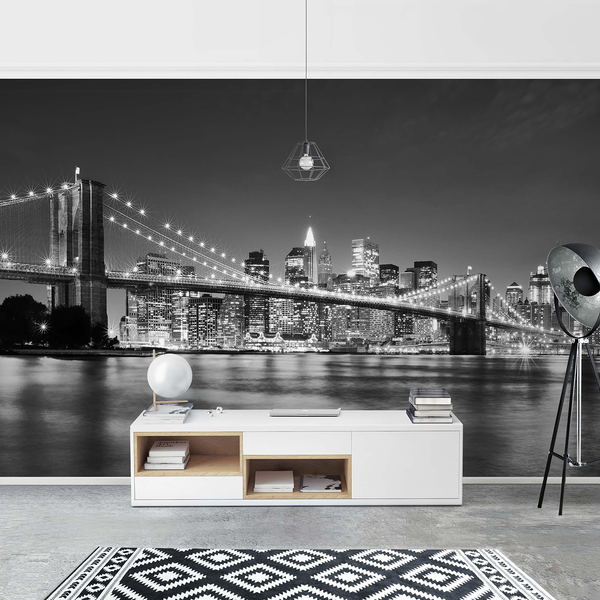 Vliestapete Nighttime Manhattan Bridge - Vliespapier - Schwarz / Weiß - 432 x 290 cm