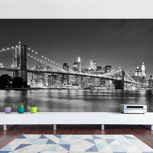 Vliestapete Nighttime Manhattan Bridge - Vliespapier - Schwarz / Weiß - 432 x 290 cm